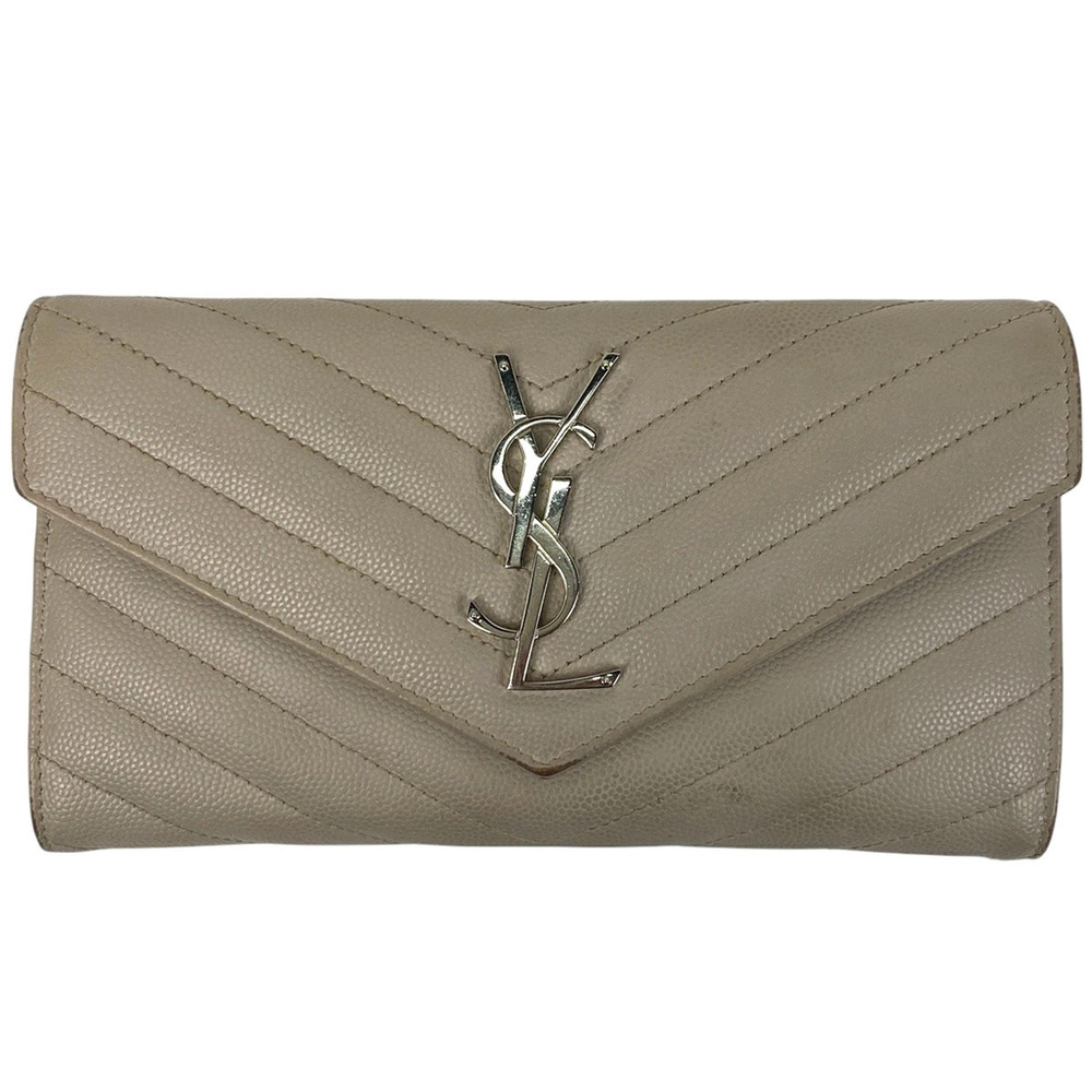 Saint Laurent Yves bi fold long wallet coin bill leather Beige Cream